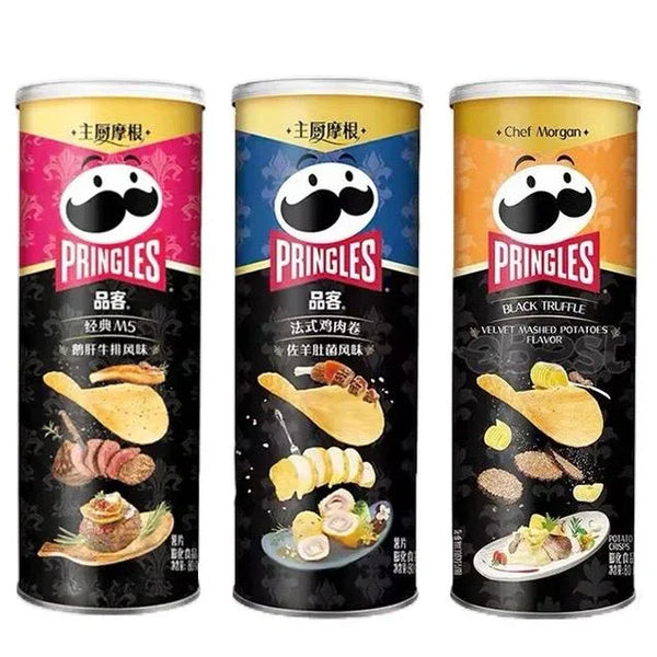 Pringles Luxe Crunch Collection 3-Pack - Black Truffle Velvet, Classic M5 Steak, French-Style Chicken Twister - Gourmet Crispy Snacks