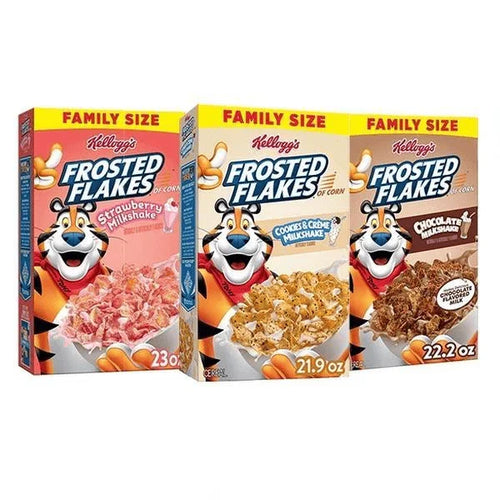Kellogg's Frosted Flakes 3ct Bundle: Strawberry, Cookies & Creme, Chocolate Milkshakes - Sweet Cereal Treats for Snacks or Meals
